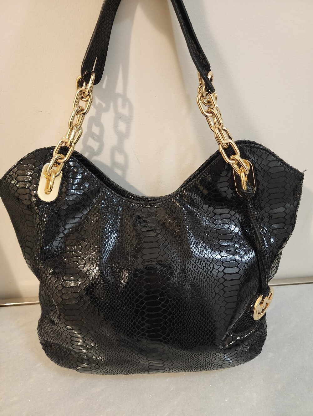 Michael Kors Black Patent Snake-Embossed Shoulder Bag